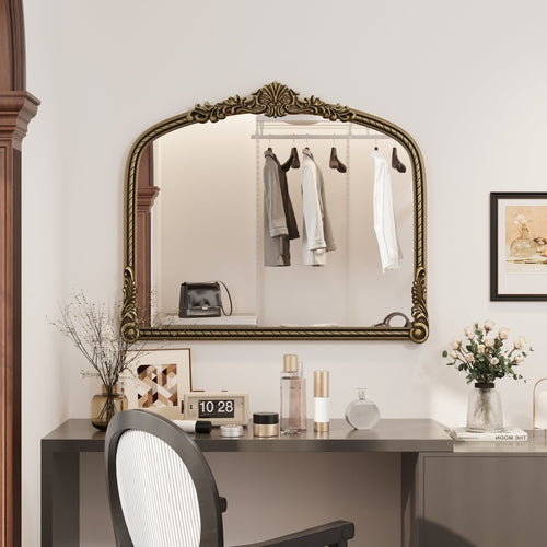 Arched Wall Mirror – Ornate Wood Frame Antique Gold 36.61" x 29.72"