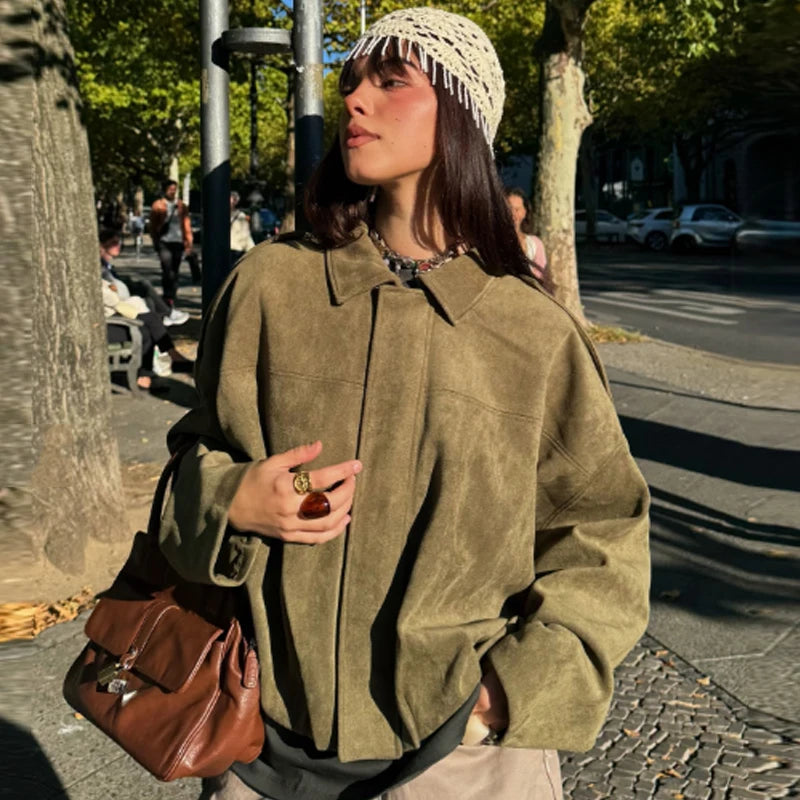 HXAO Suede Cropped Jacket Women's Bomber Jacket Oversized Batwing