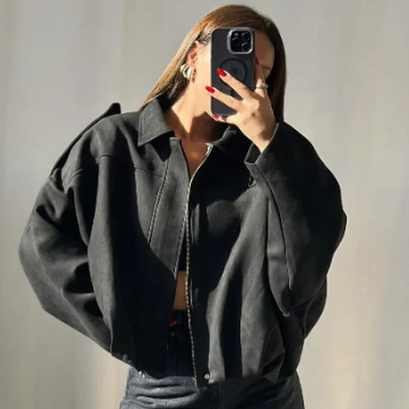 HXAO Suede Cropped Jacket Women's Bomber Jacket Oversized Batwing