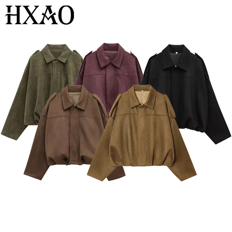 HXAO Suede Cropped Jacket Women's Bomber Jacket Oversized Batwing