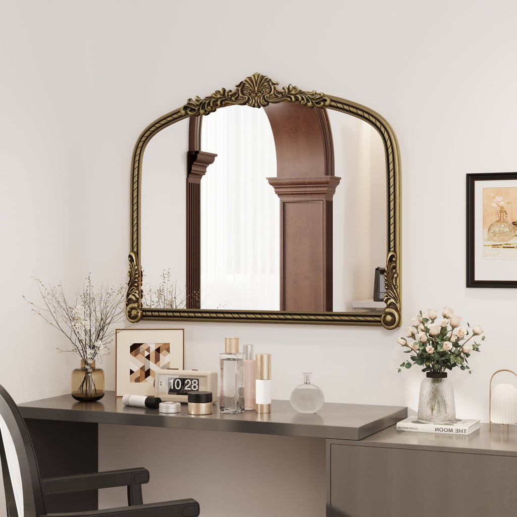 Arched Wall Mirror – Ornate Wood Frame Antique Gold 36.61" x 29.72"